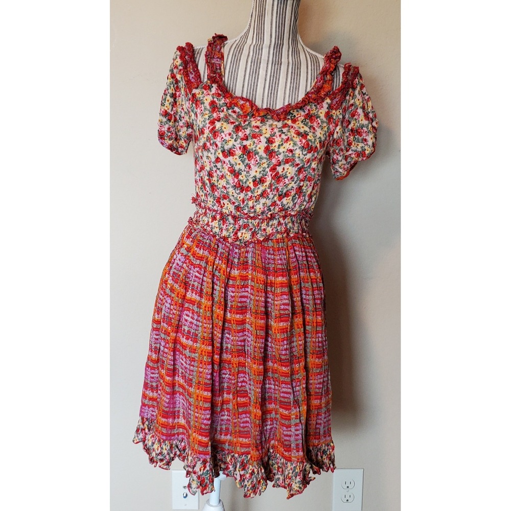 Artka Boho Floral Plaid Mixed Print Mini Dress Cold Shoulder Smocked Red L*